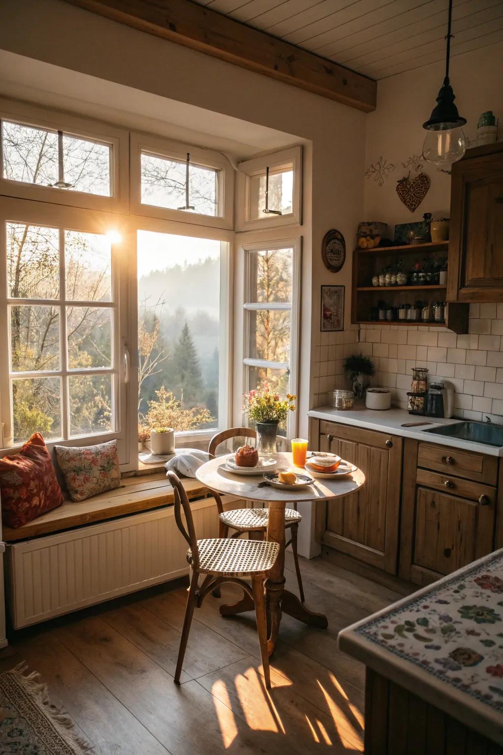 A kitchen design highlighting a cozy breakfast nook with a view.