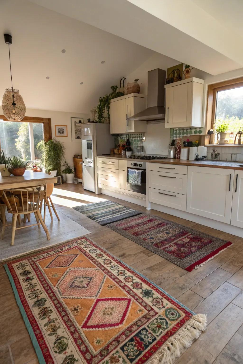 Rugs can effectively define zones in open kitchens.