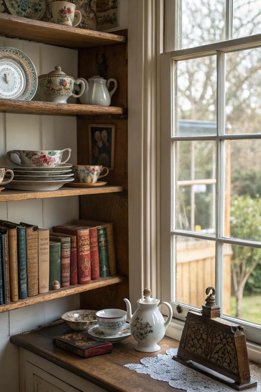 Vintage treasures add a sense of nostalgia and individuality to kitchen window shelves.