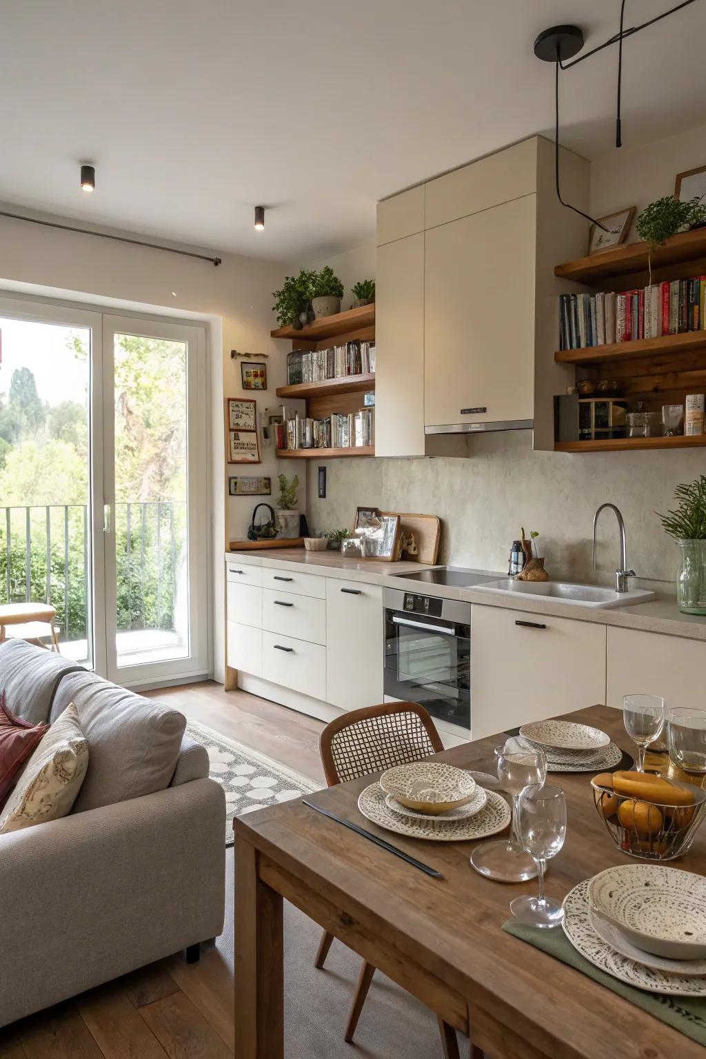 A kitchen featuring a sofa and gathering table, providing adaptable use for dining and lounging.