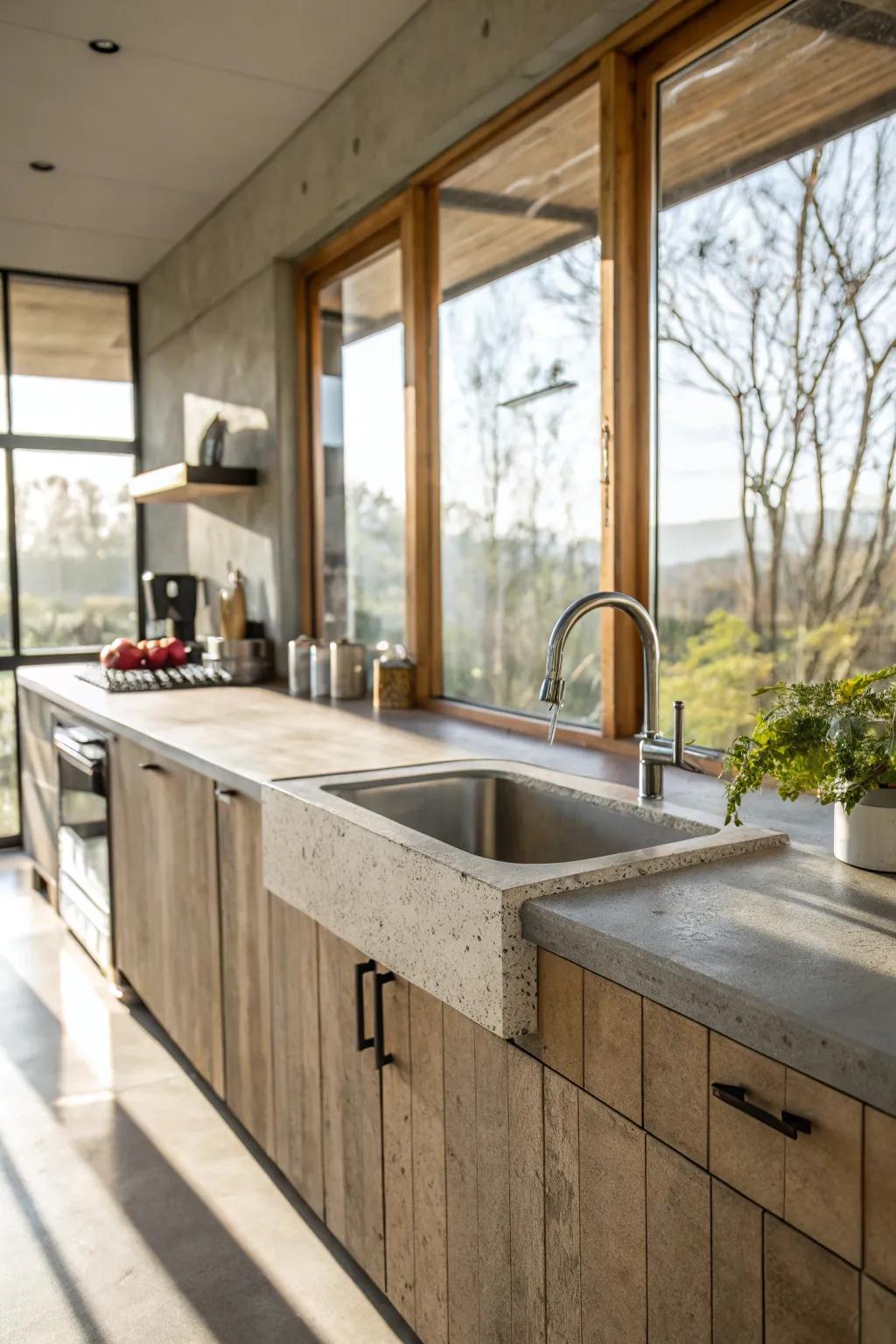 A cooking area with cement worktops lit by abundant natural light.