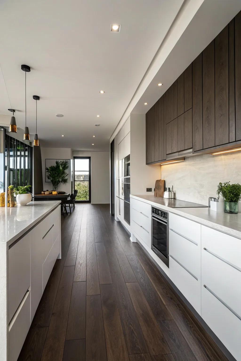 A minimalist design accentuating the sleekness of dark floors within this kitchen.