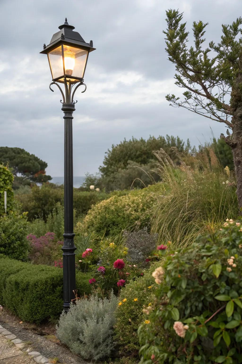 Height variations incorporating depth surrounding a lamp post.