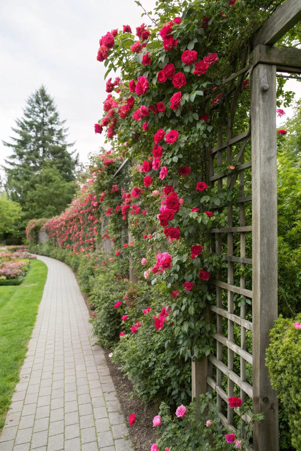 Living walls made up of vertical gardens with radiant roses.