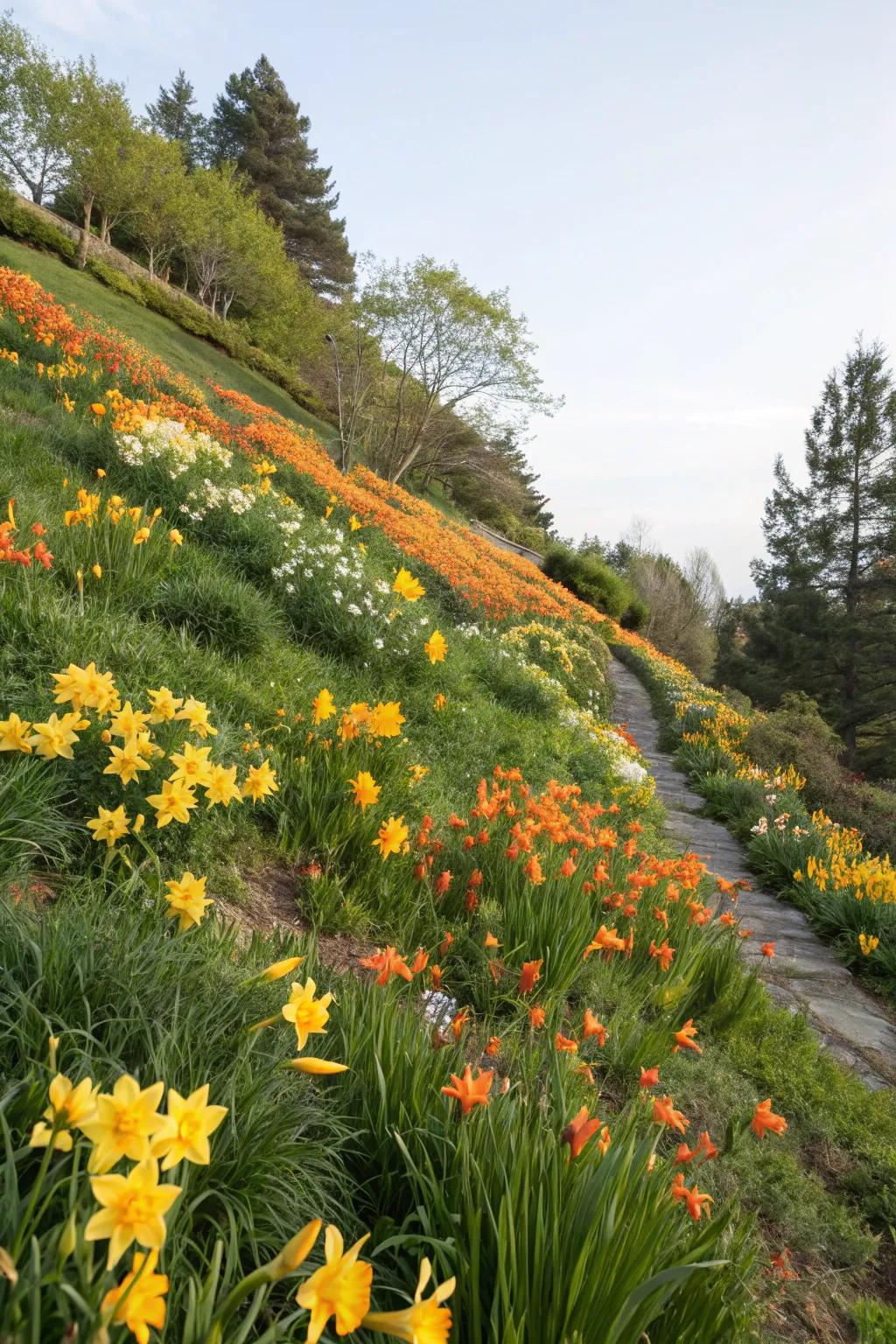A steep garden incline altered with sunshines and daystars, presenting vibrant color.