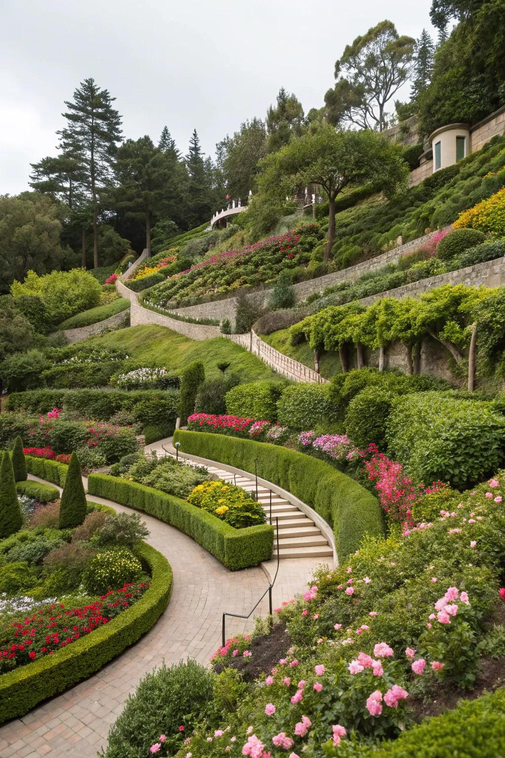 Terraced levels add depth and interest to the garden landscape.