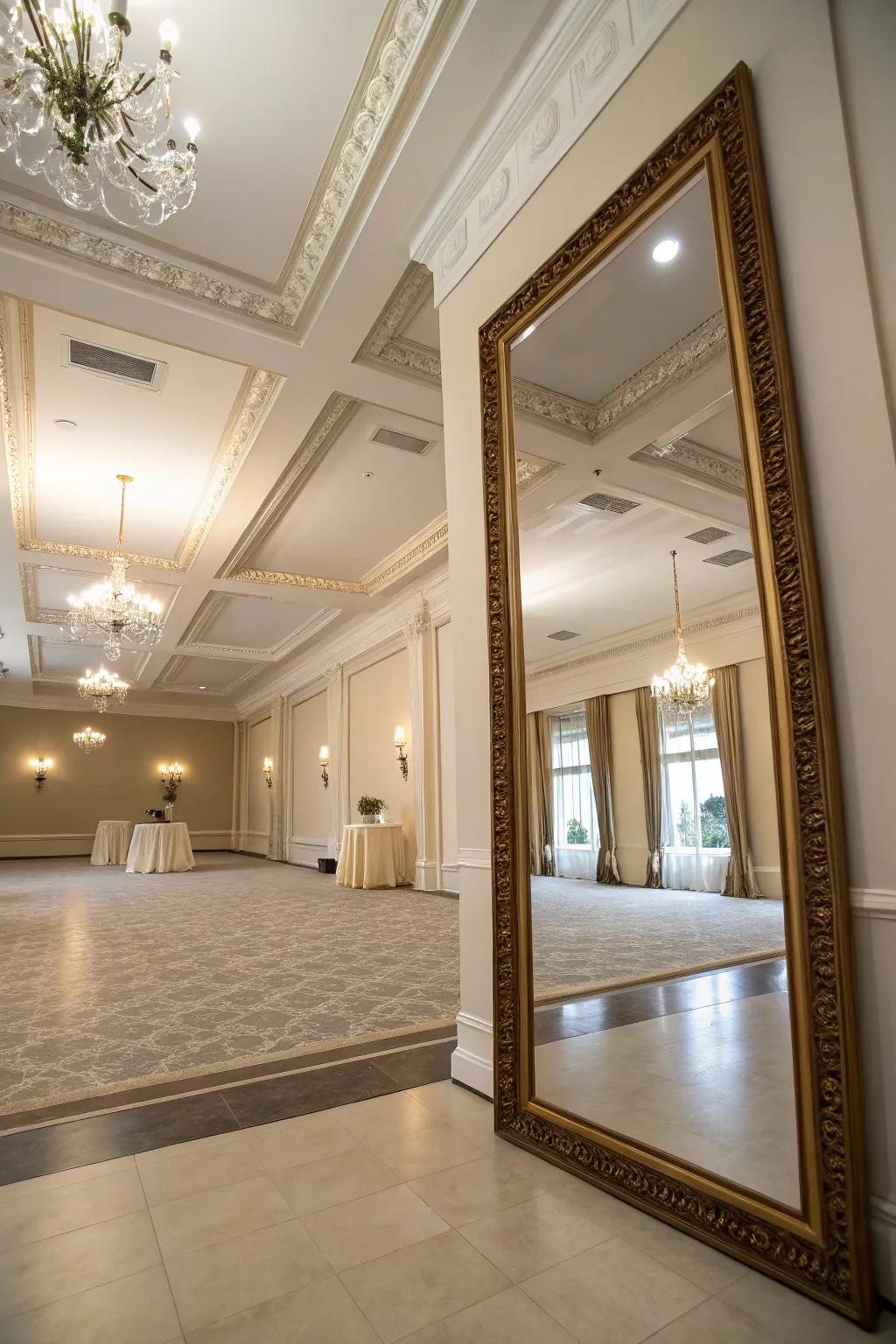 This large-ceiling room seems even more grandiose because of the tall glass.