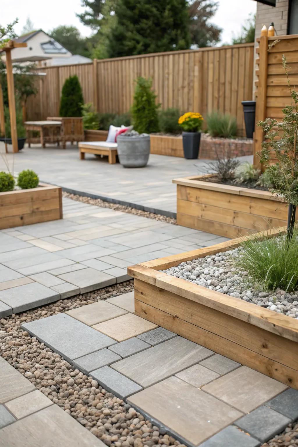 Blended materials conjure an eclectic and chic patio composition.