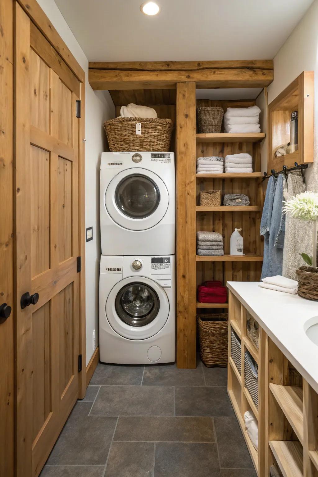 Bring natural wood accents to your laundry room for warmth.