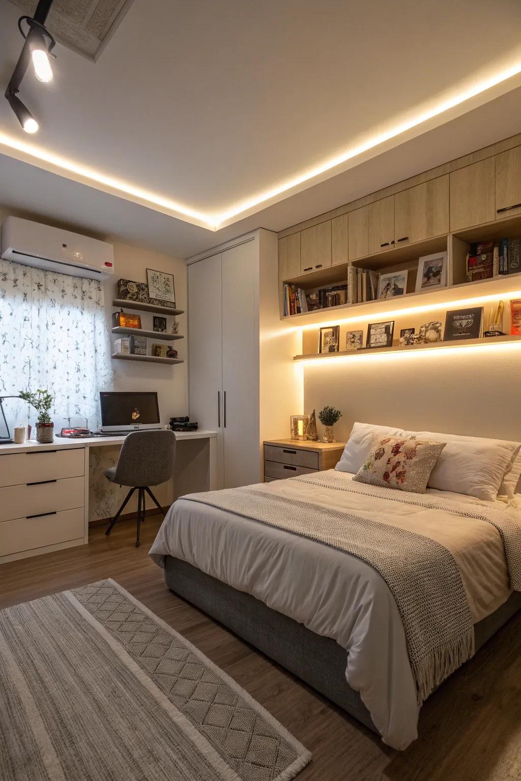 Subtle under-shelf lighting creates a warm ambiance.