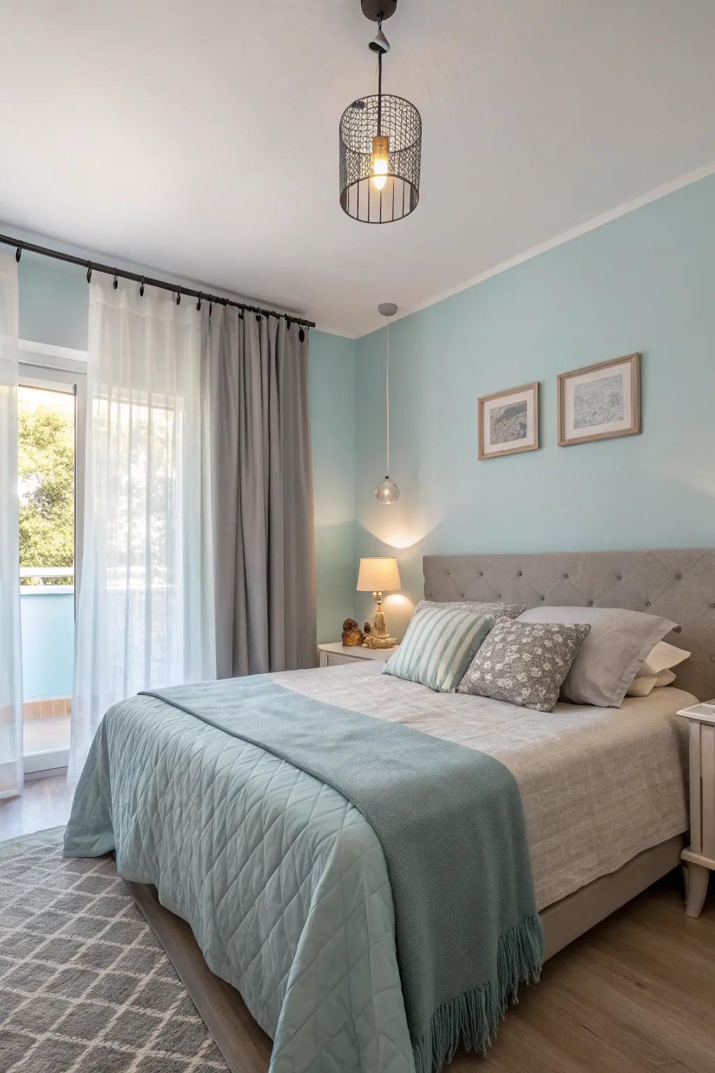A tranquil sleeping quarter featuring a calming palette of gentle sky blue and soft gray tones.