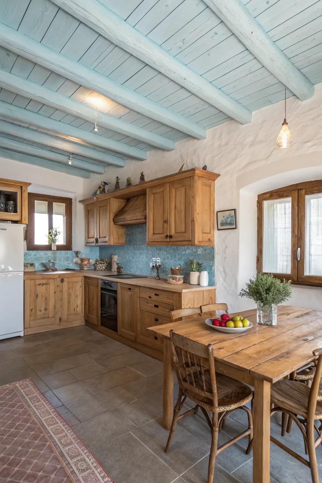 A charming kitchen showcasing a sky-blue ceiling for a unique appeal.