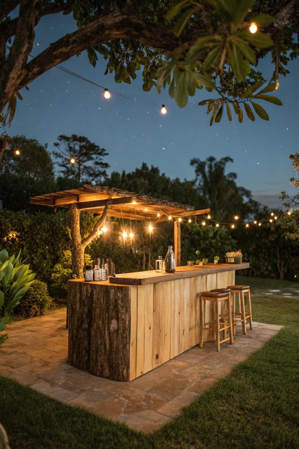 A live edge bar on a backyard patio creates an inviting outdoor escape.