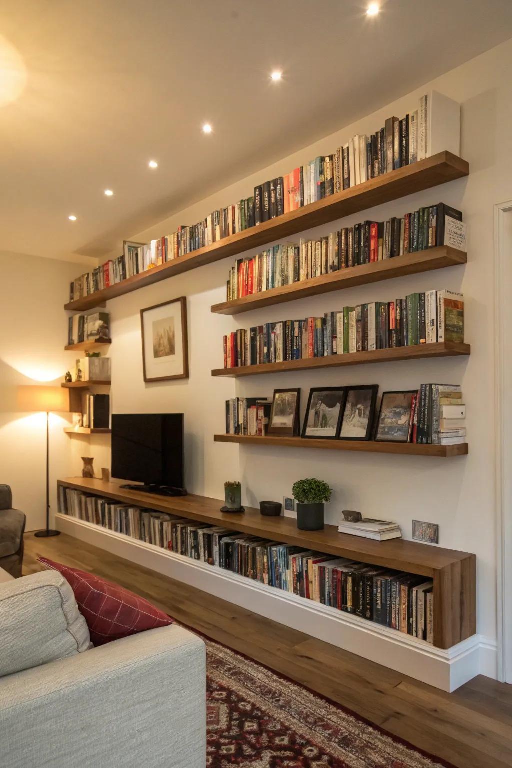 Turn your books into a decorative display on shelves.