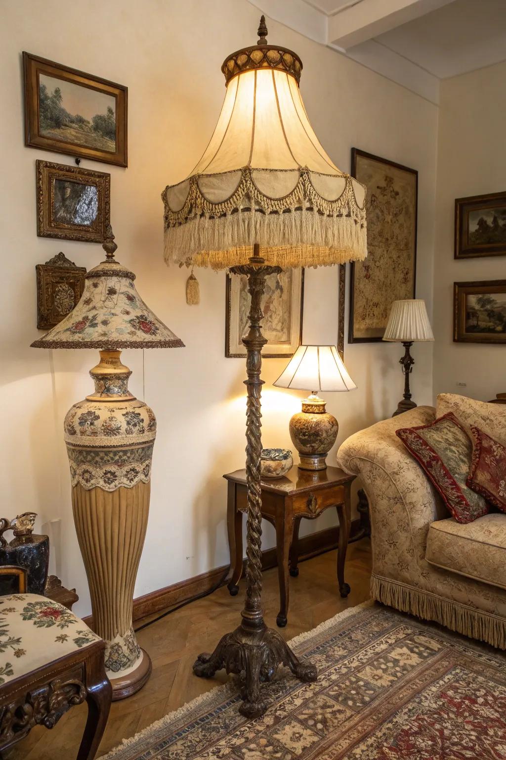 A vintage-style living room featuring an antique floor lamp.