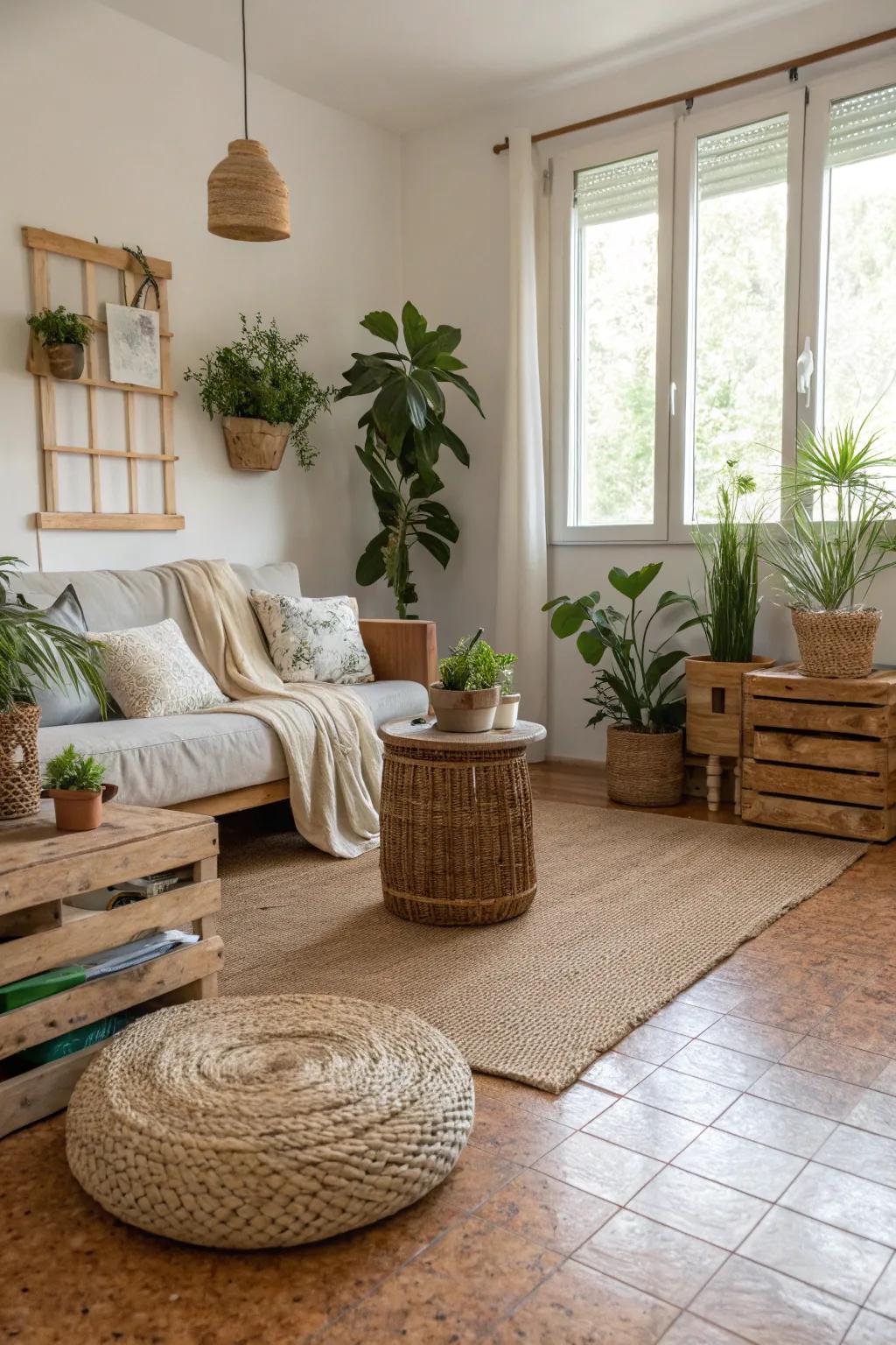 Tree bark flooring combines sustainability with comfort, perfect for eco-conscious homes.