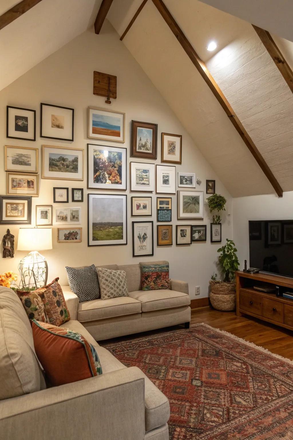 A gallery wall personalizes and adds character to a room with a vaulted ceiling.