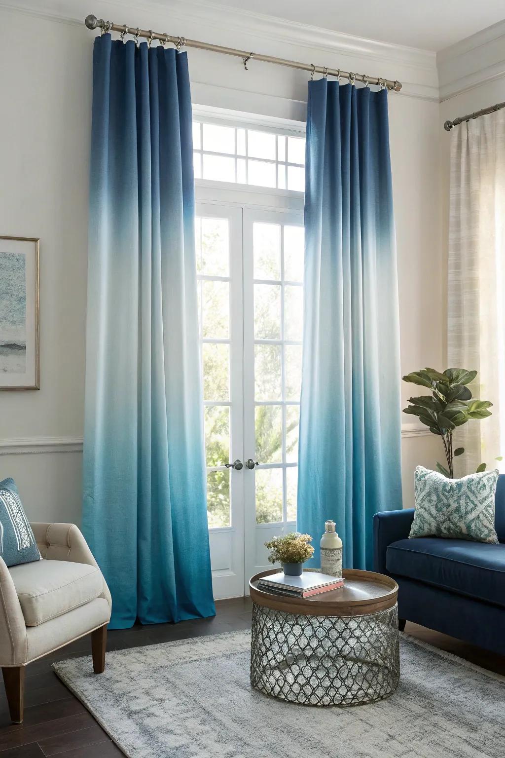Gradient sky-hue drapes introduce an artistic flair with their gradient design, enhancing the area's contemporary vibe.