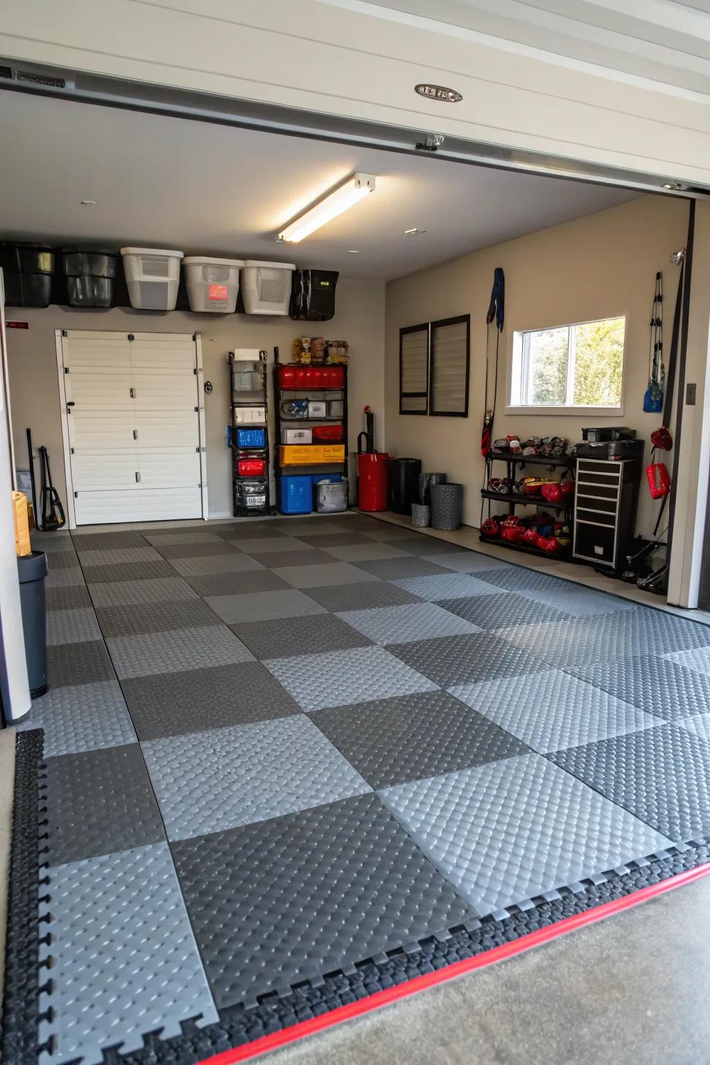 Modular flooring provides a sleek finish at a reasonable cost.