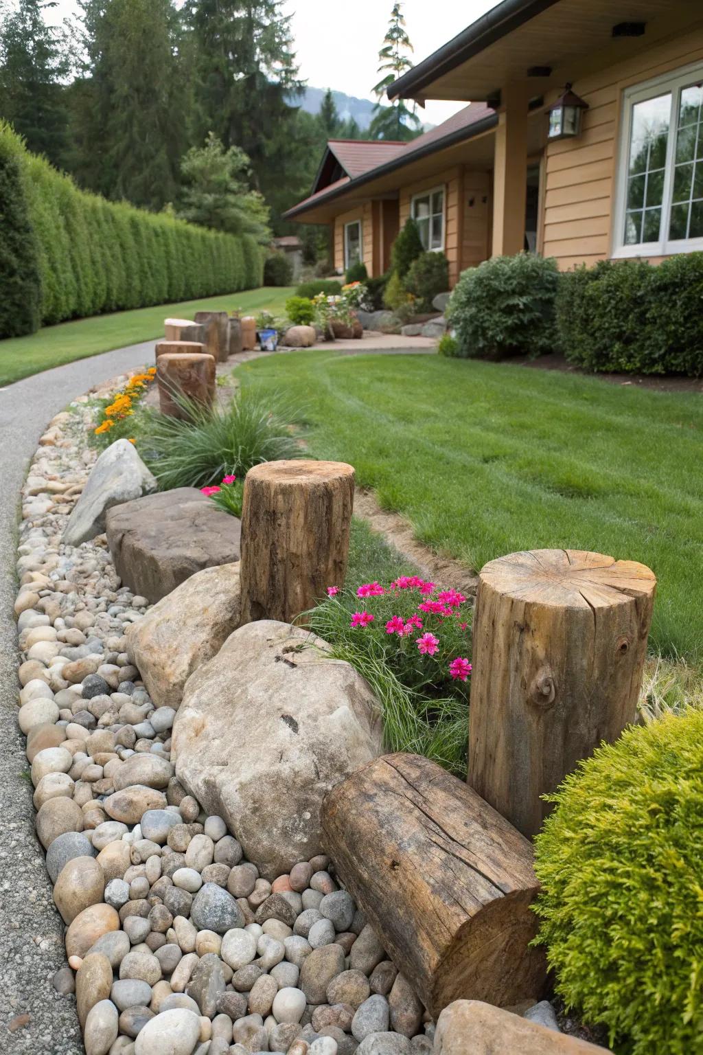 Natural timber components paired with stones for rustic charm.