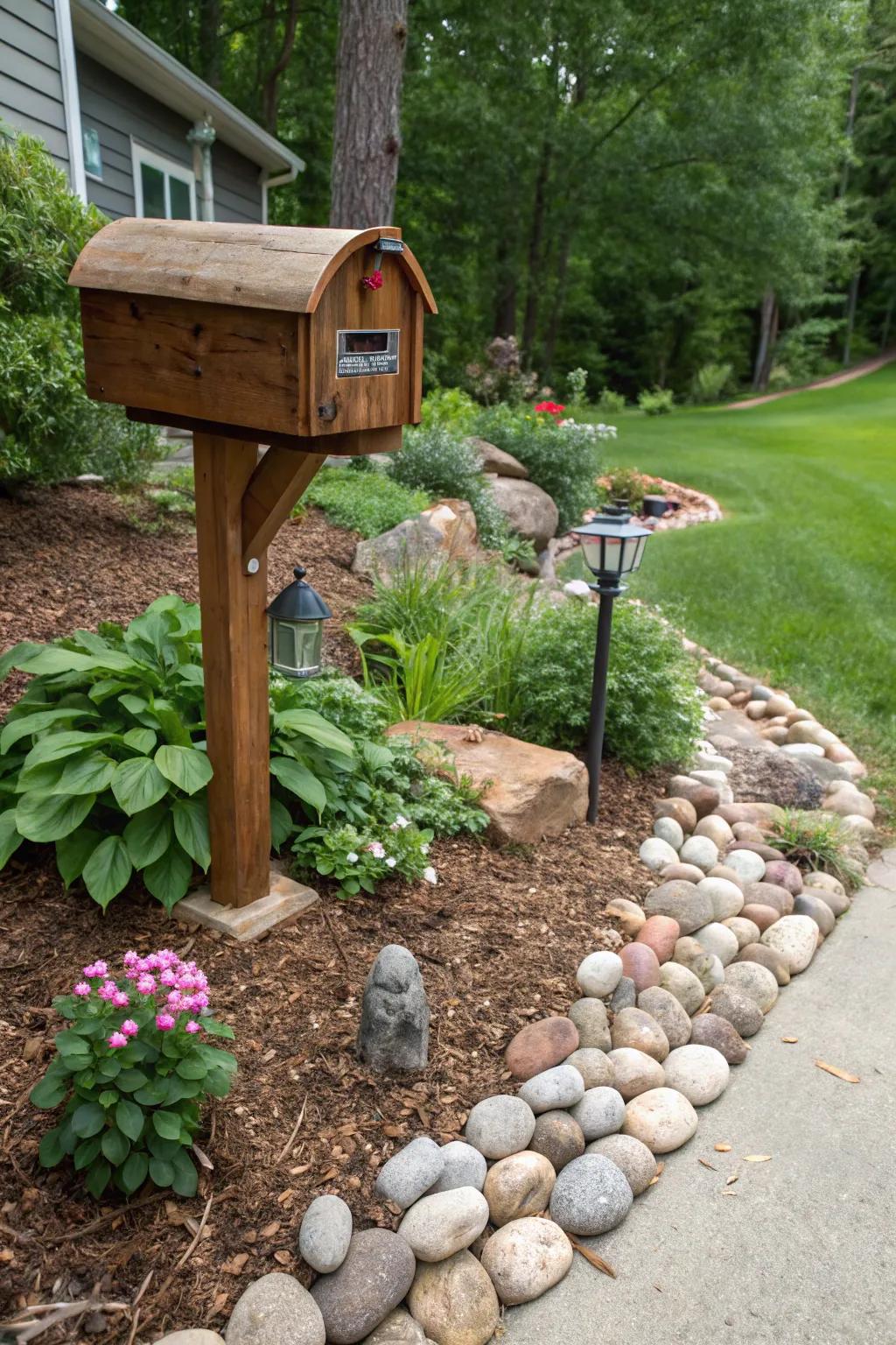 Compost and stone highlights fashion an operative and alluring mailbox arrangement.