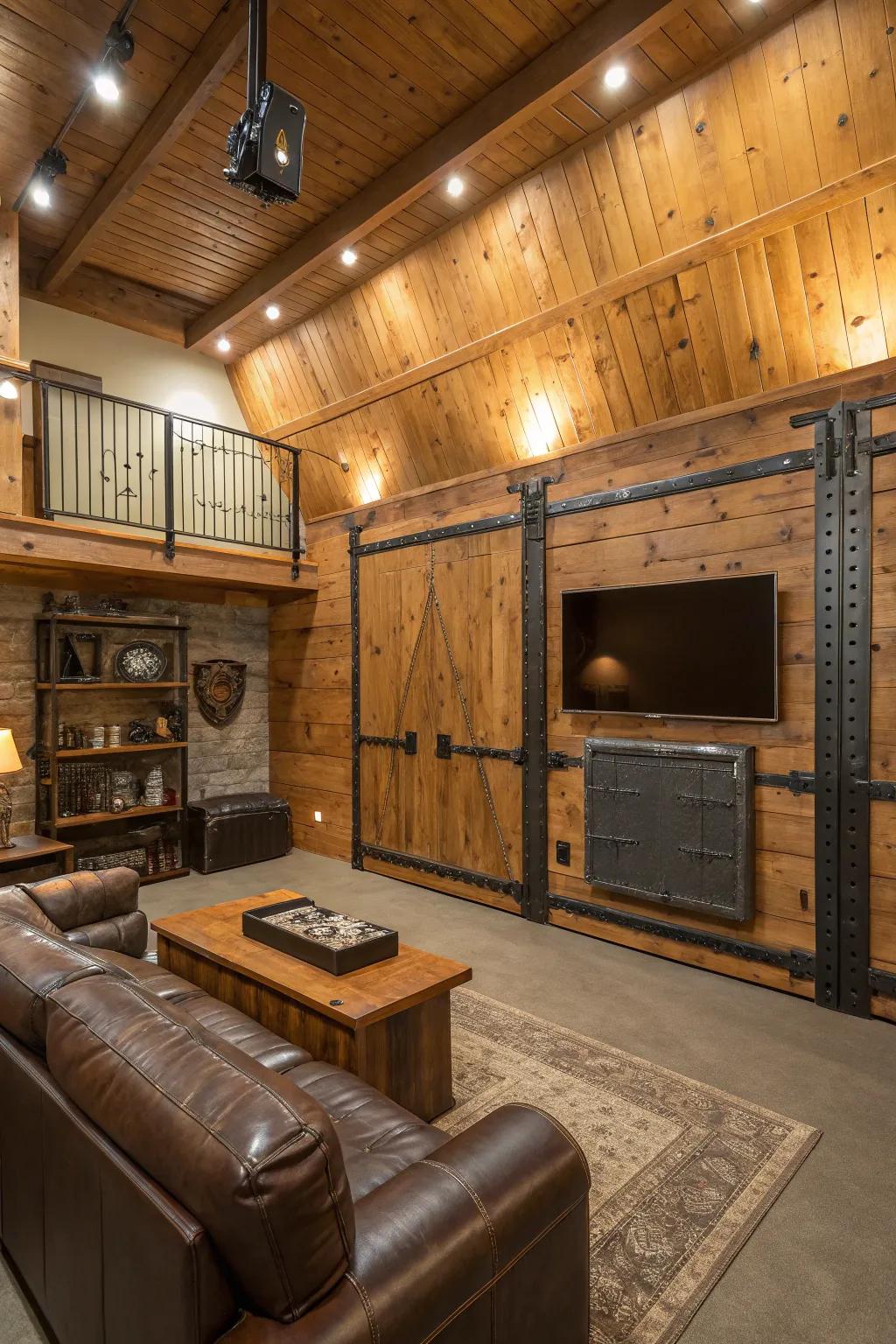 Use of wooden and metallic textures to add personality in a man cave.