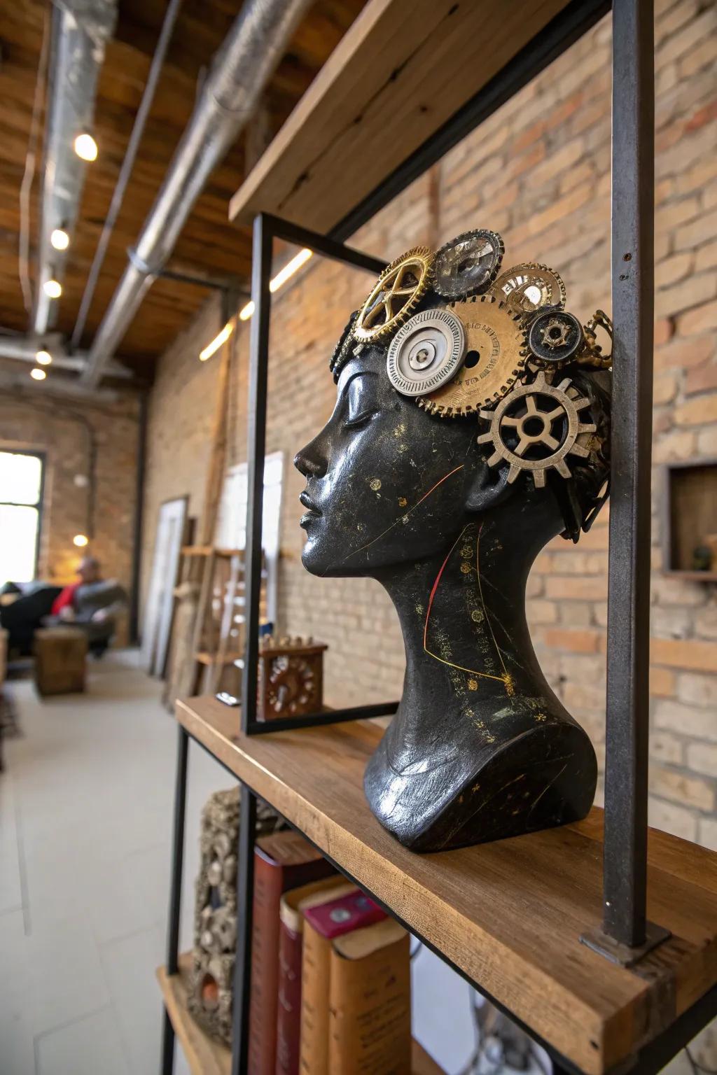 Steampunk pieces introduce mechanical allure to decor.
