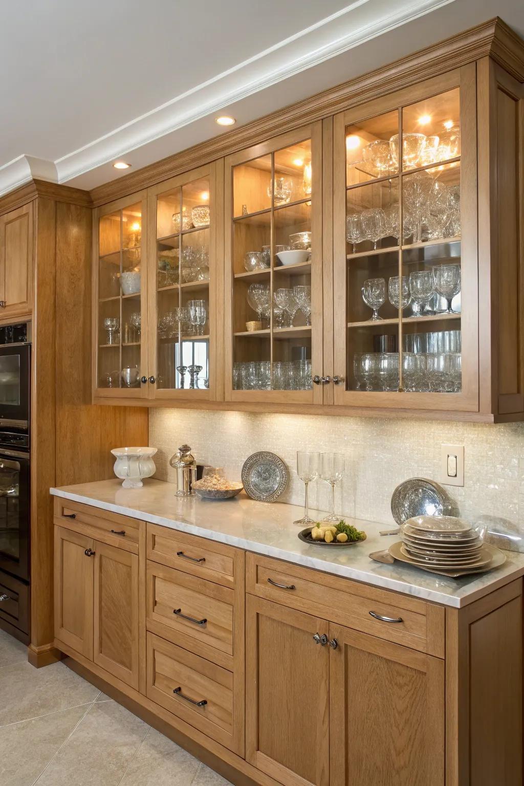 A sophisticated kitchen blending walnut with glass-front cabinets.