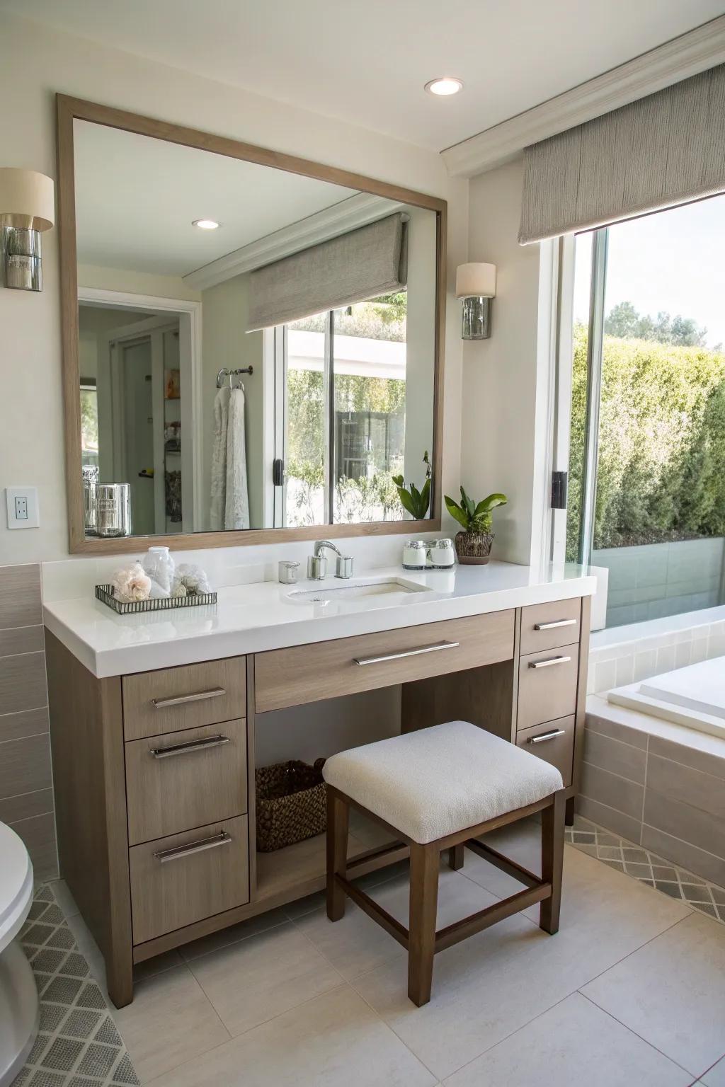 A bathroom showcasing integrated seating at the vanity area.