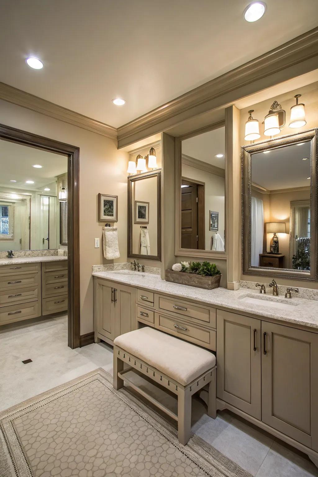 Featured is an accommodating grooming section facilitating a leisurely commencement toward the day.