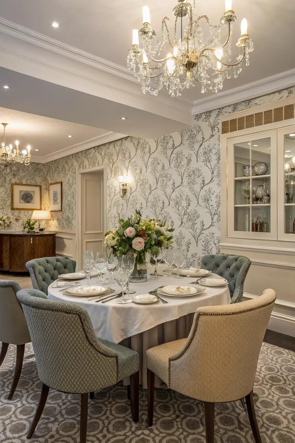 Blended design wall covering adds dimension and texture to a dining space.