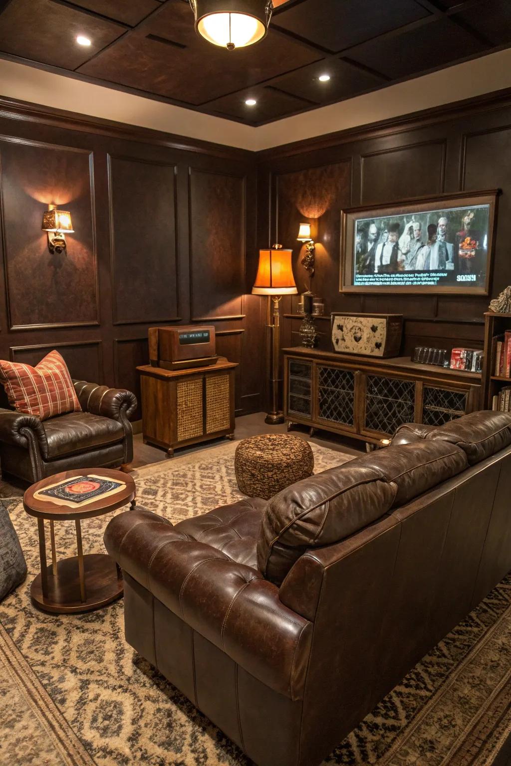 A classic media room showcasing dark cocoa walls, impeccable for achieving timeless elegance.