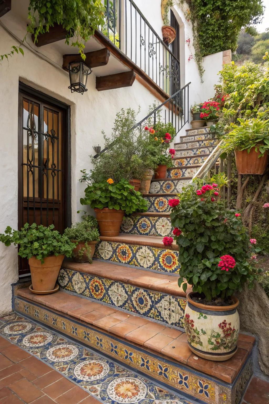 Decorative tiles and container plants imparting elegance to the staircase.