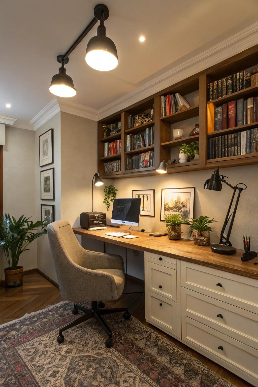 This home office benefits from accent lighting, which adds warmth and style.