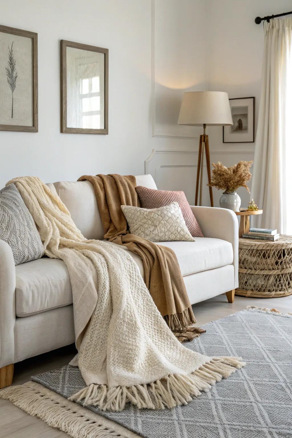 Comfortable touches add warmth and coziness to minimalist living spaces.