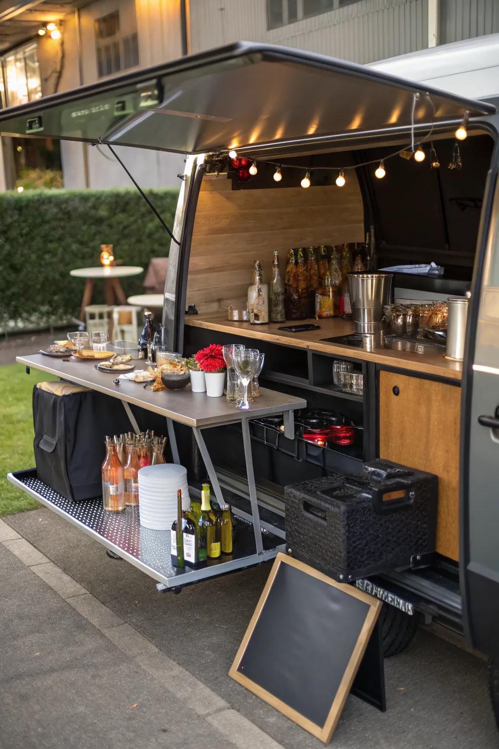 A convertible fold-out table adds adaptability to this mobile bar.