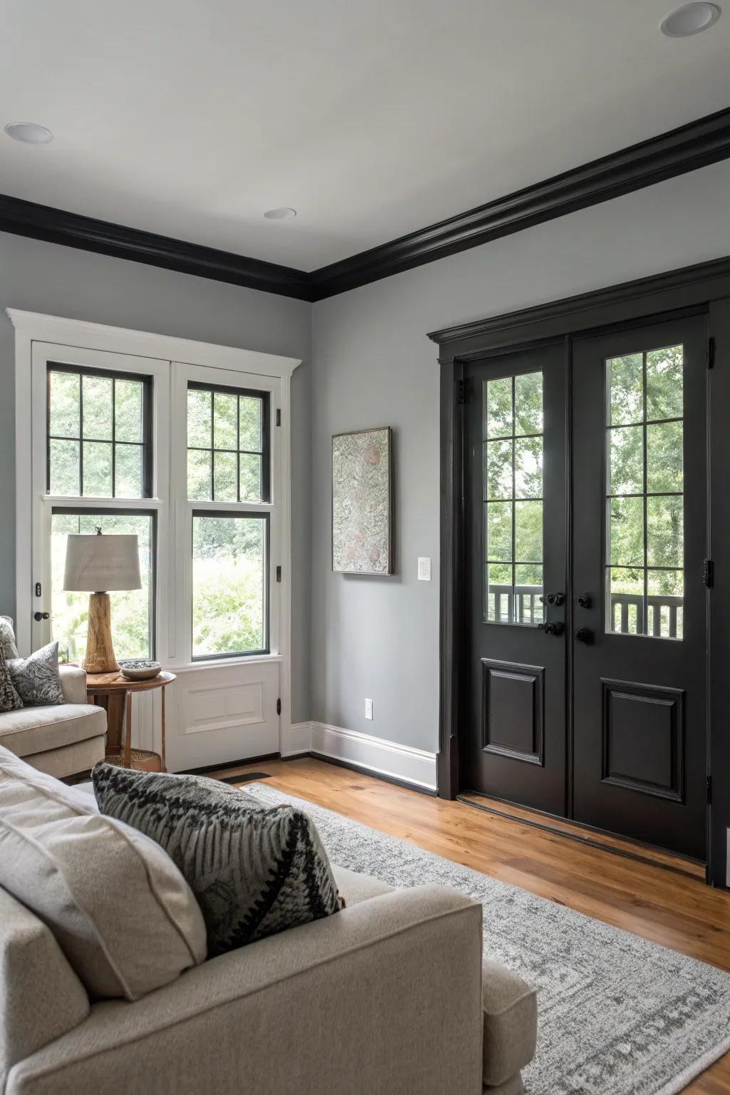 Slate walls with dark trim add sophistication and highlight architectural elements.