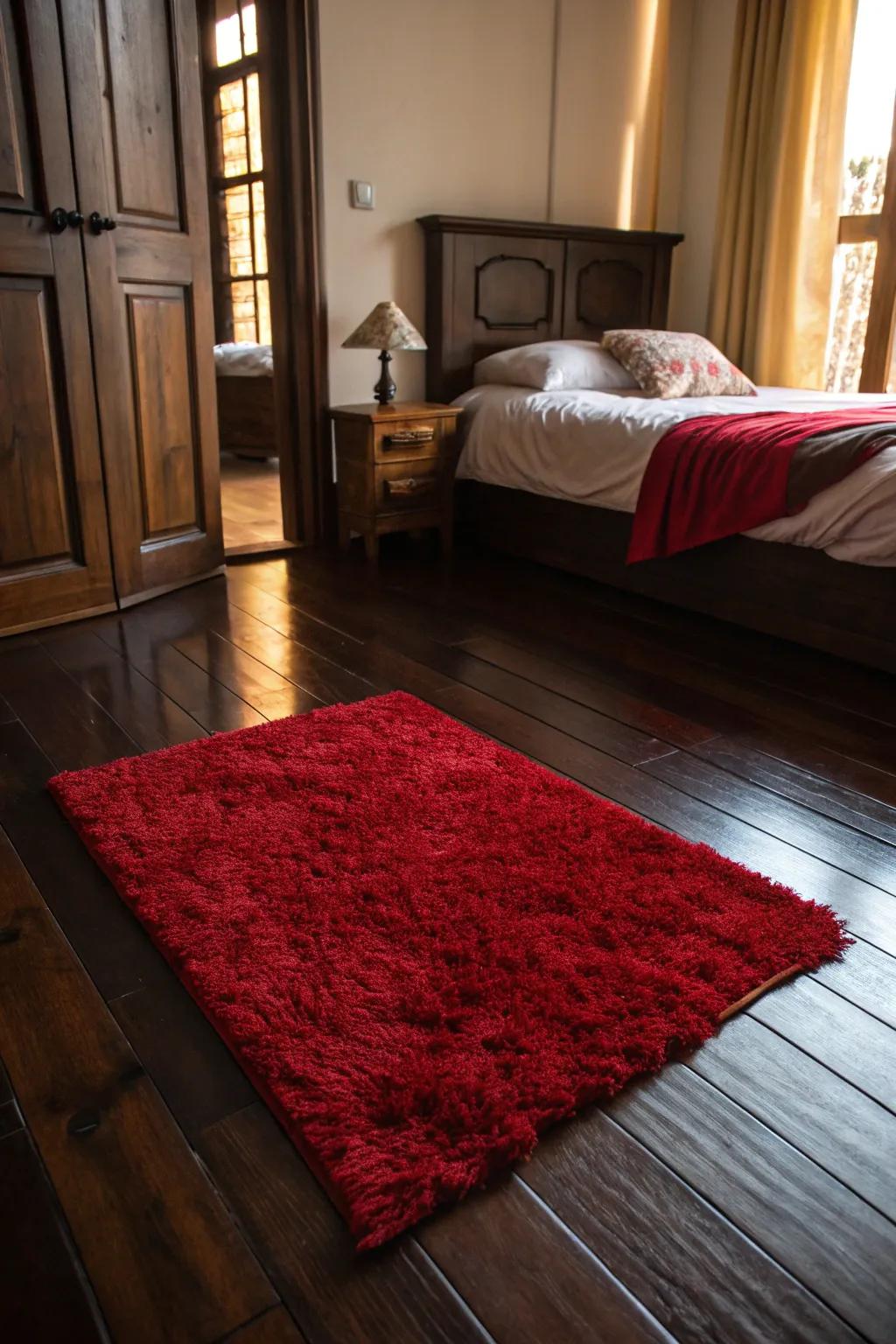 A red rug introduces warmth and color to the flooring.