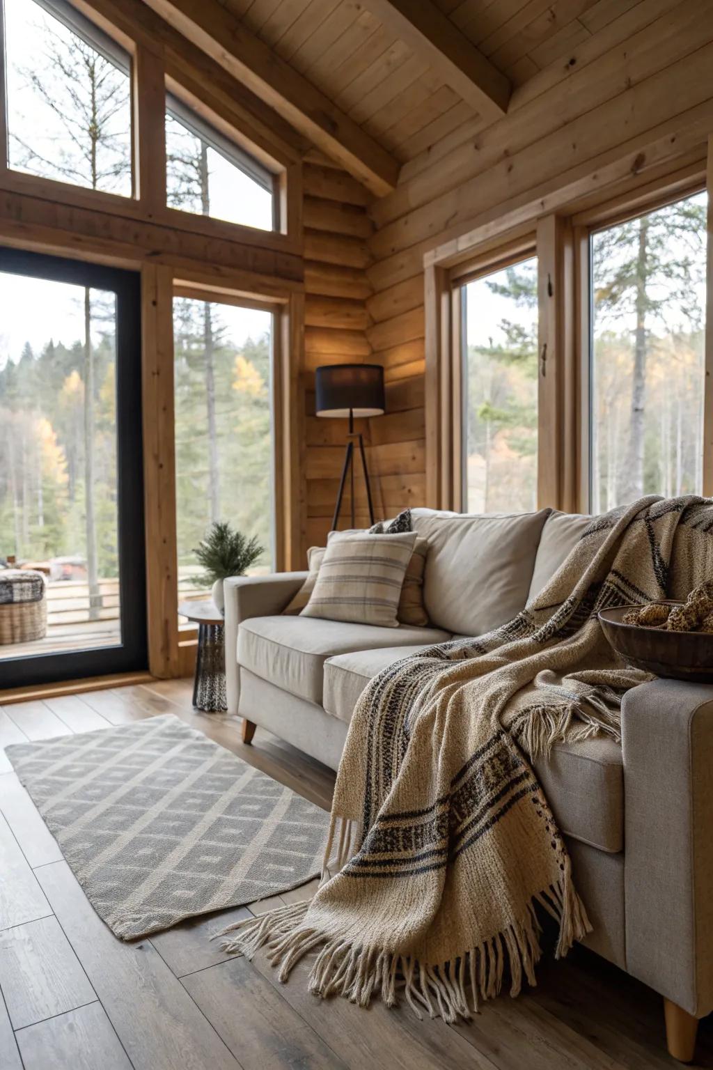 Throw blankets bring warmth and comfort to modern cabin decor.