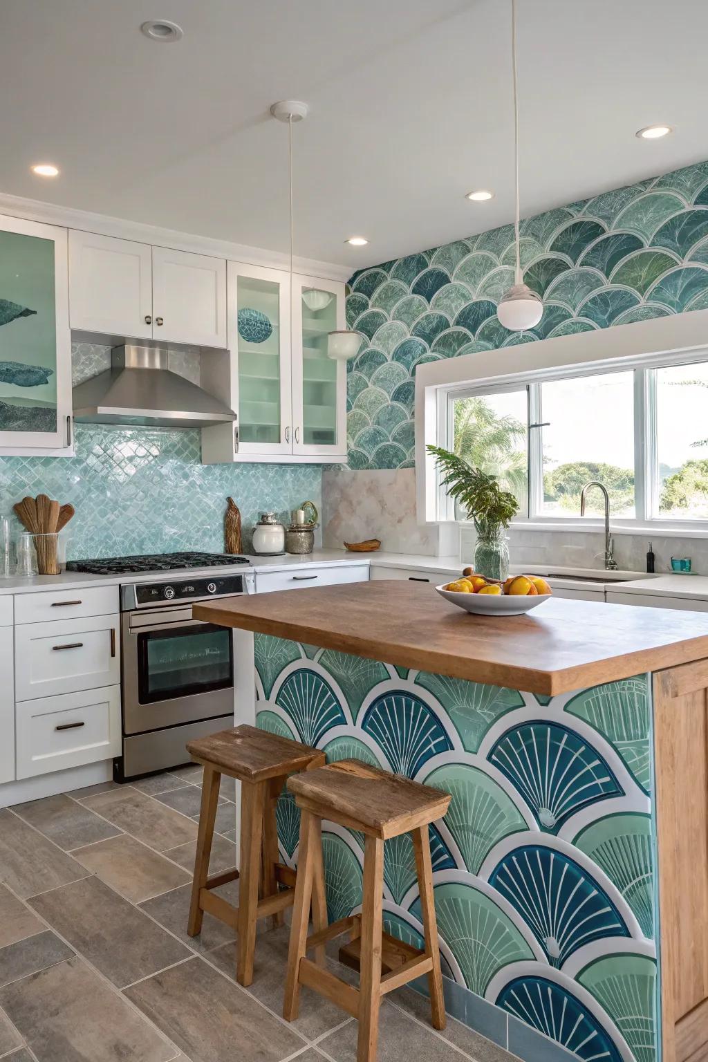 A sea-inspired splashboard delivers a captivating focal element.