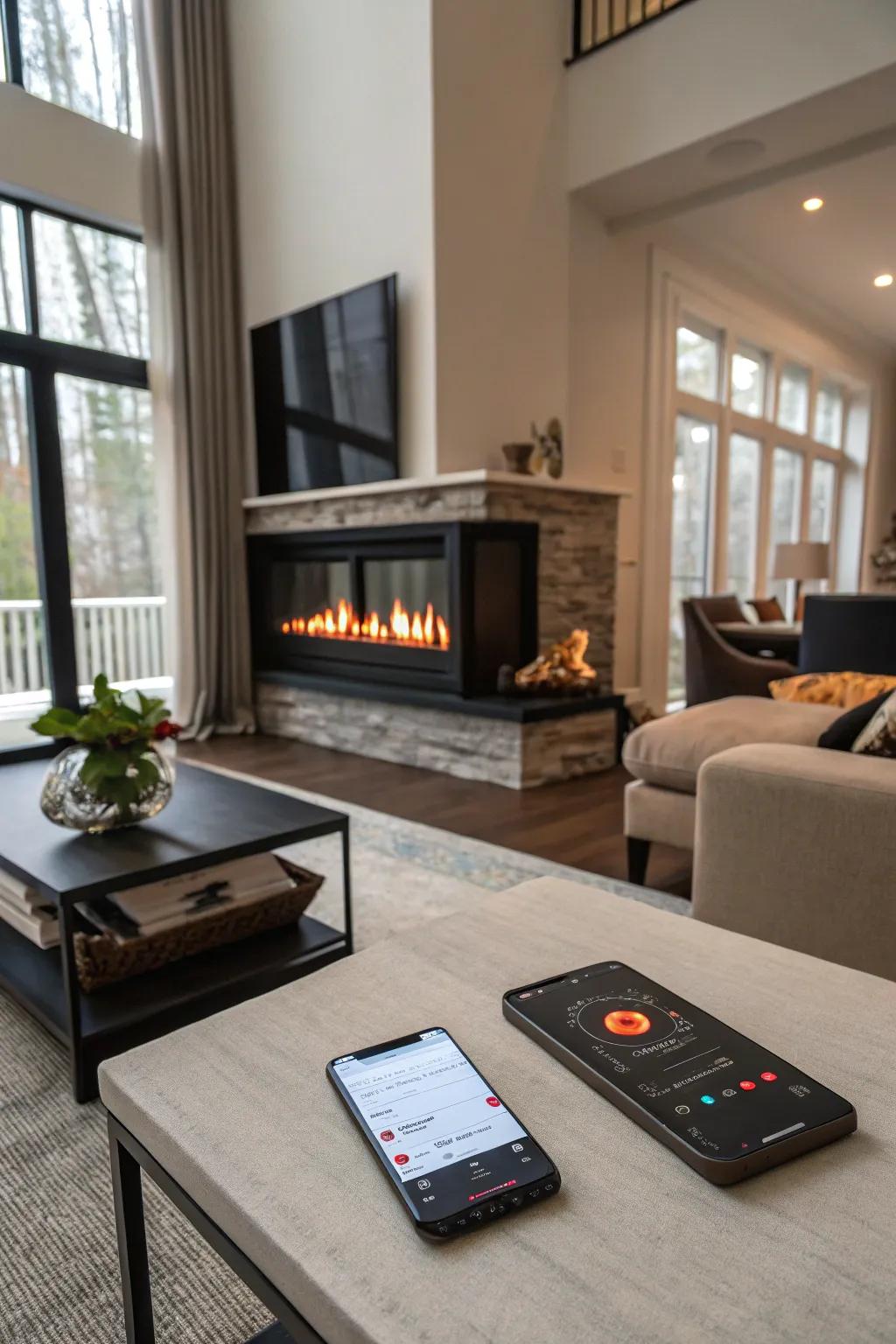 A modern living room where the electric fireplace is conveniently managed via smartphone.