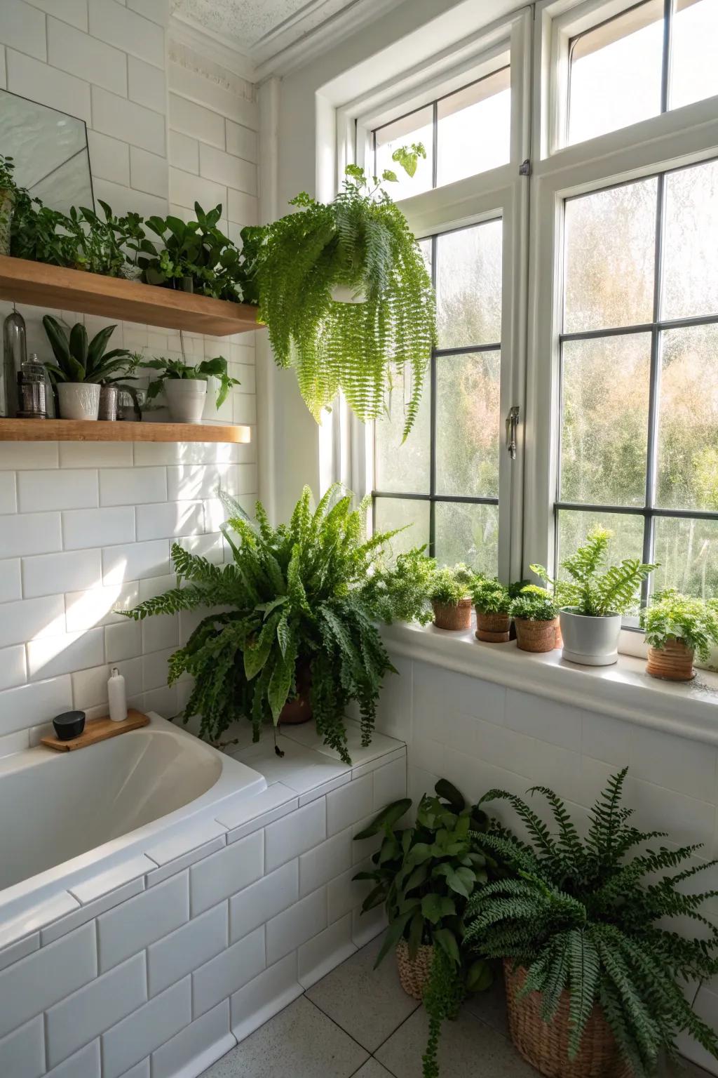 Greenery adds a refreshing hint of nature to the bathroom.