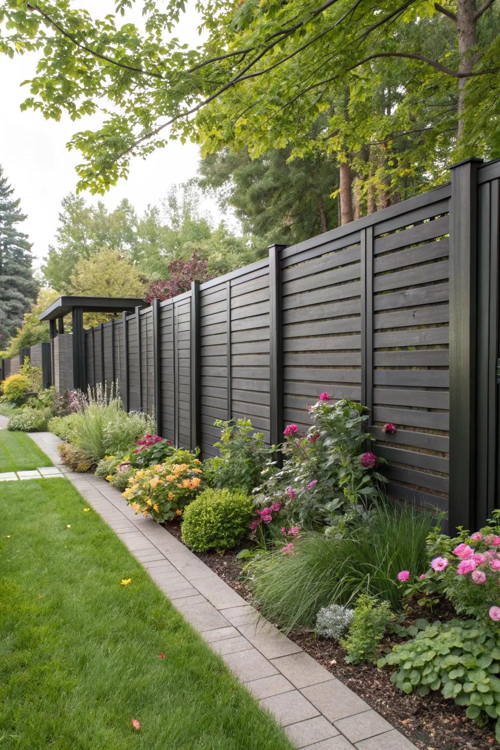 A tall, fashionable fence ensures seclusion while preserving visual appeal.