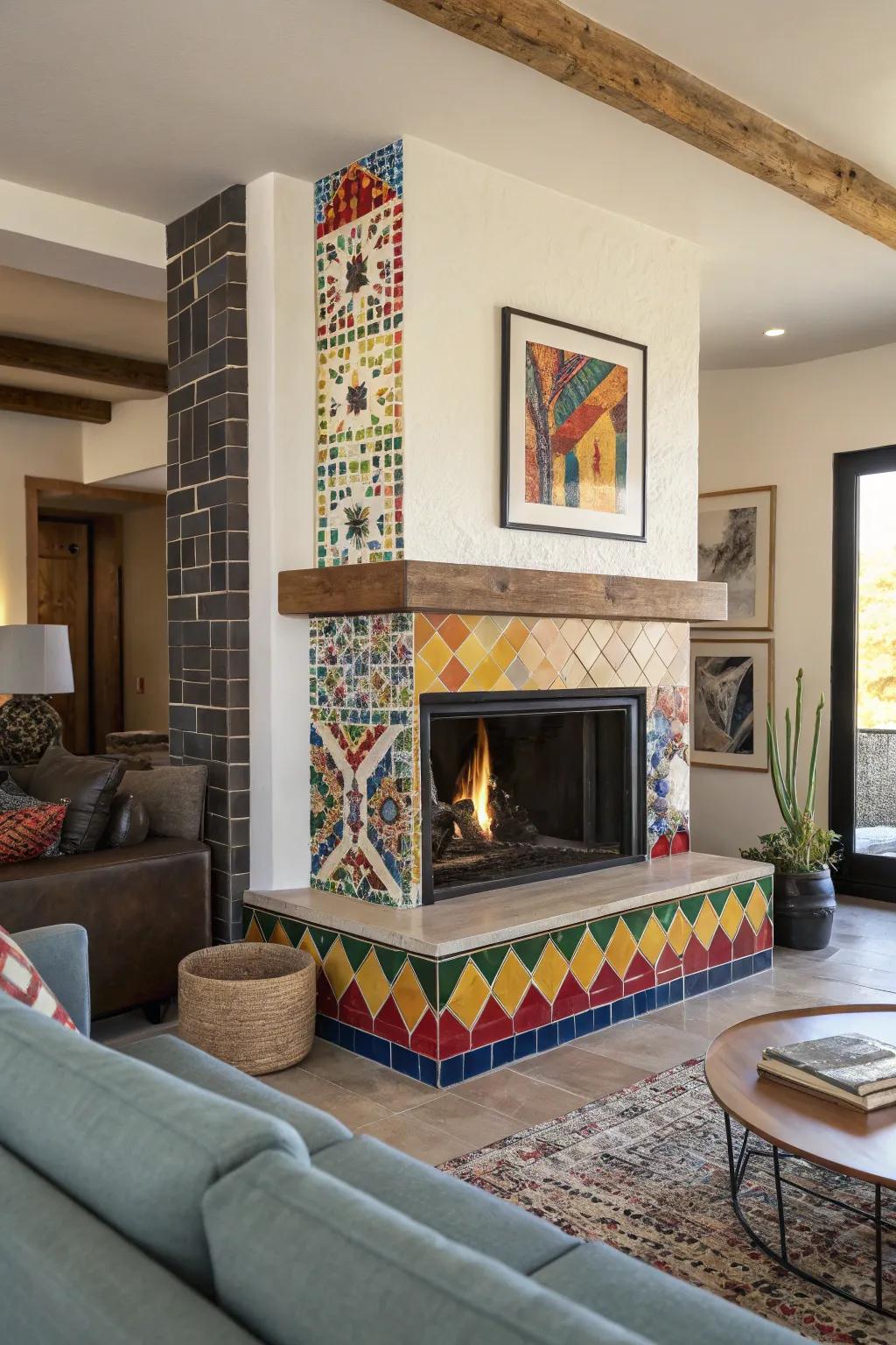 A fireplace with a mosaic tile surround, infusing the room with artistic flair.