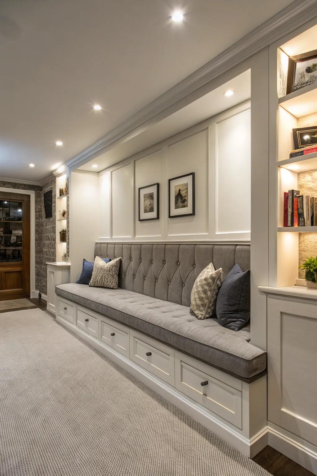 A half wall featuring integrated seating fabricates an inviting and functional zone.