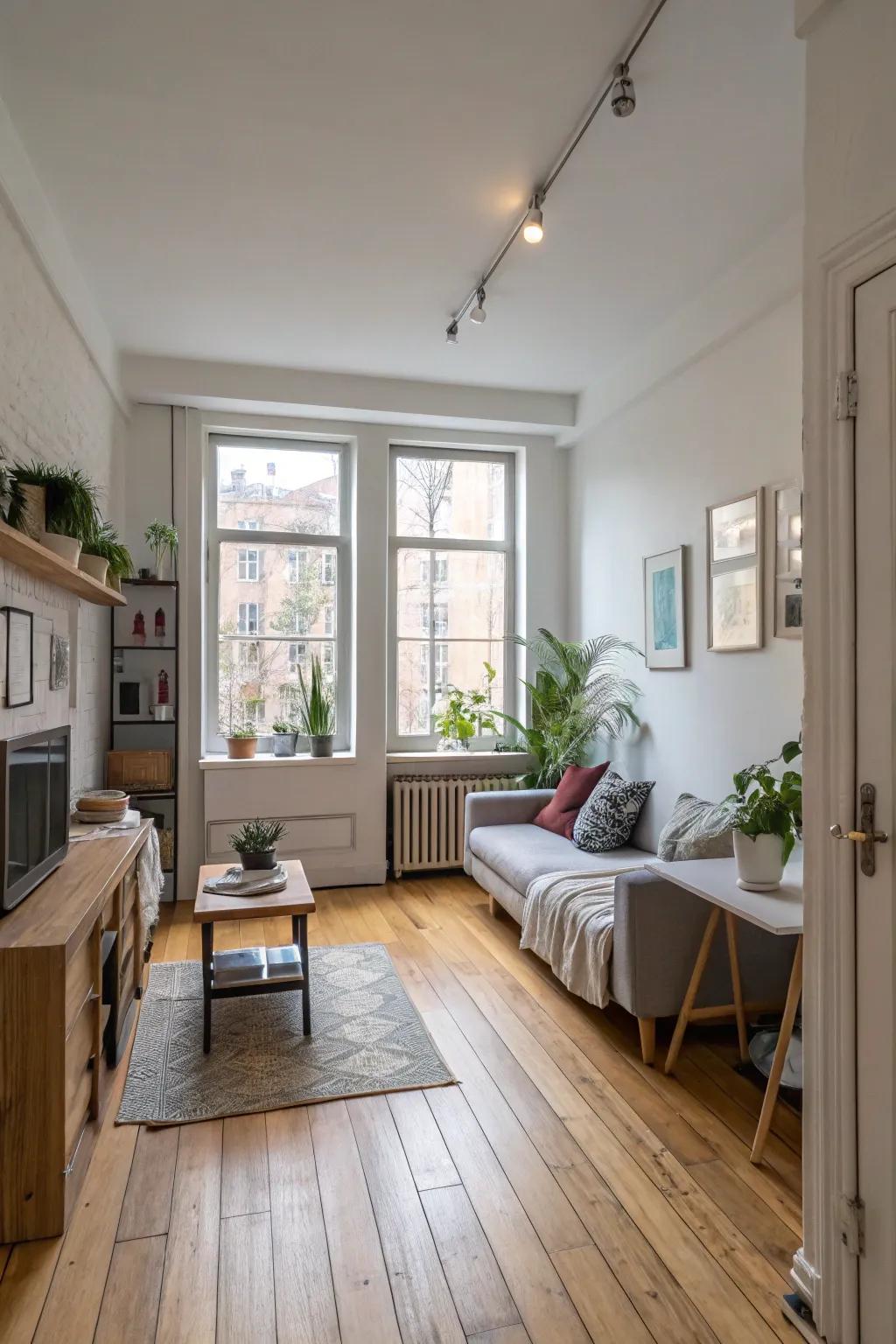 Pale wood floors amplify the spaciousness of compact areas.