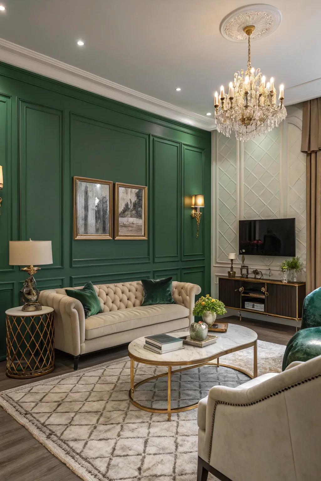 Jewel-toned green walls lend an air of luxury to this stylish living room.