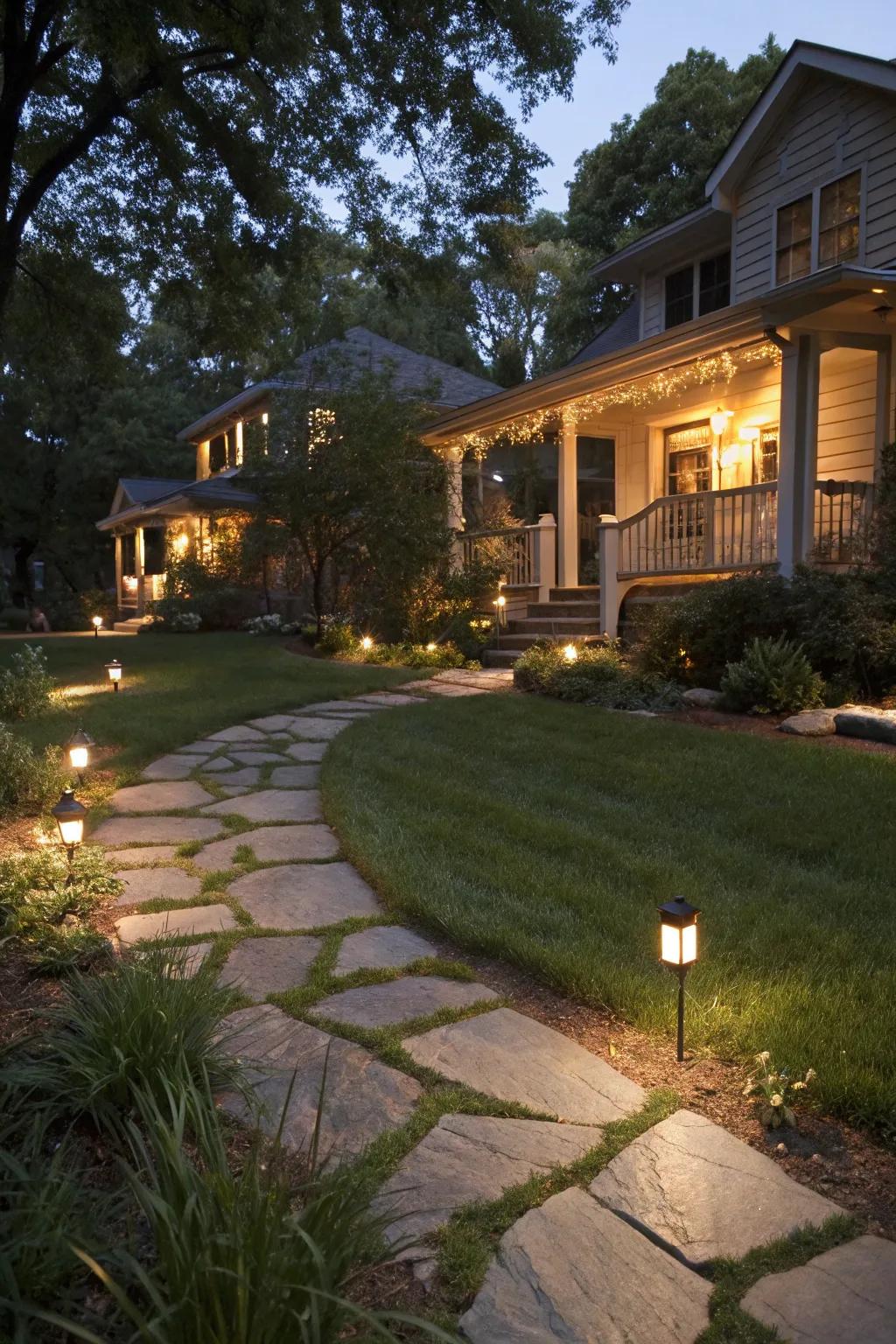 Outdoor lights lighting routes in a modern front yard.