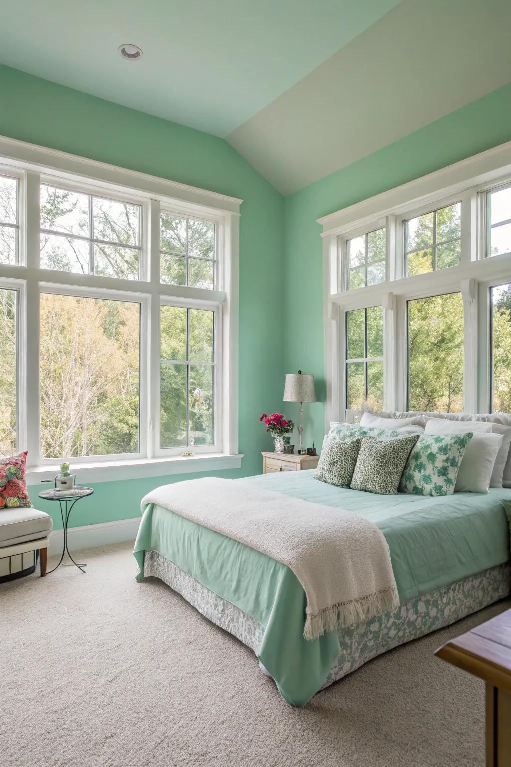 An airy and open soft jade bedroom.
