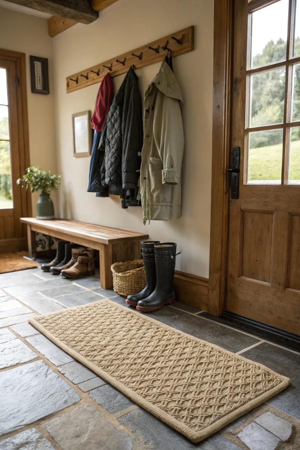 A textured rug provides warmth and character to your mudroom.